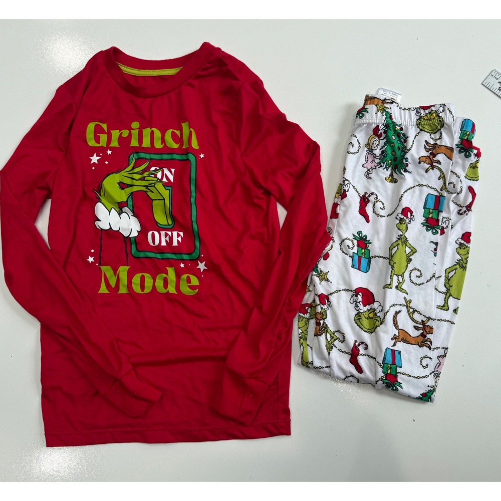 Dr. Seuss The Grinch On Off Mode Pajama Set Red White Boys Size 12 Holiday Sleep